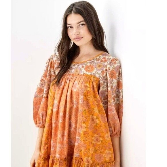 American Eagle S Jenn Tran Dress Floral Swingy Patchwork Mini Peasant Cottage - Picture 2 of 8